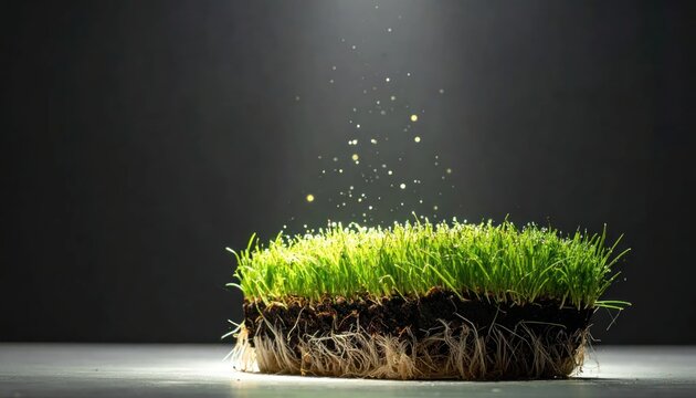 Patch of green grass with roots under bright spotlight