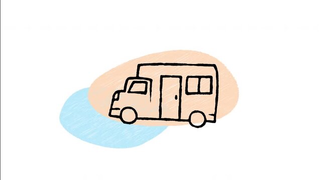 An animated hand-drawn travel camper van motorhome for road trips. Ideal for camping adventures, mobile home holidays, outdoor exploration, and road trip vacations. 