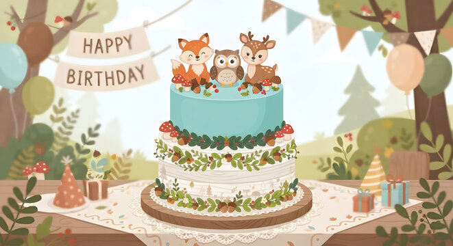 Two-tier woodland-themed birthday cake with animal toppers