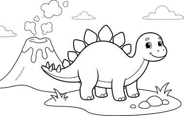 A cute cartoon stegosaurus dinosaur standing in a prehistoric landscape with an erupting volcano in the background line art © Jannatul