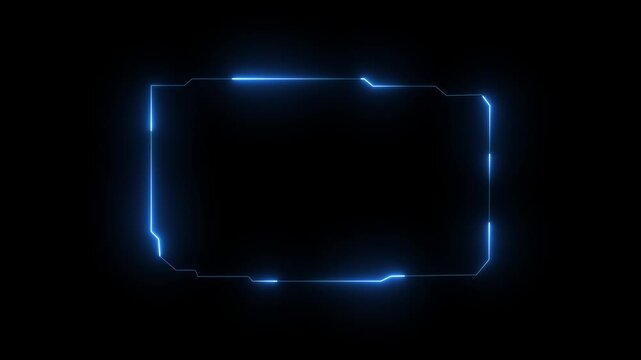 Futuristic glowing blue rectangular frame with sharp geometric corners and segmented lines on a dark black background creating a digital interface or HUD display