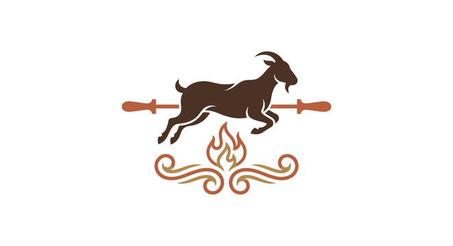 Roast goat on spit over open fire barbecue logo vector graphic design element