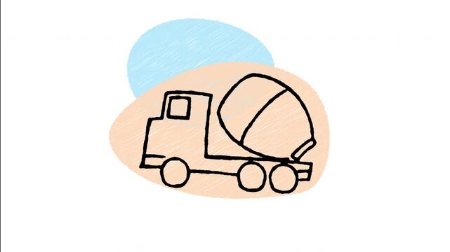 An animated hand-drawn concrete cement mixer truck for building construction. Great for industrial site vehicles, concrete delivery, building engineering, and heavy transport. 