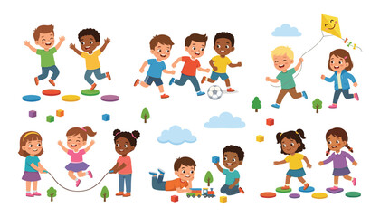 Fototapeta premium Cute Diverse Kids Playing Playground Games Vector Illustration with Children Running, Jumping, Flying Kite, Skipping Rope, and Playing with Toys