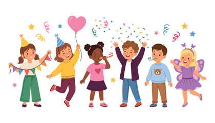 Fototapeta premium Cute Diverse Kids Celebrating Birthday Party with Happy Children Throwing Confetti, Wearing Hats, and Holding Balloons Vector Illustration