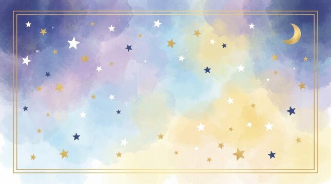 Dreamy Pastel Watercolor Starry Night Sky Background With Moon Magical Galaxy Design Illustration For Stationery