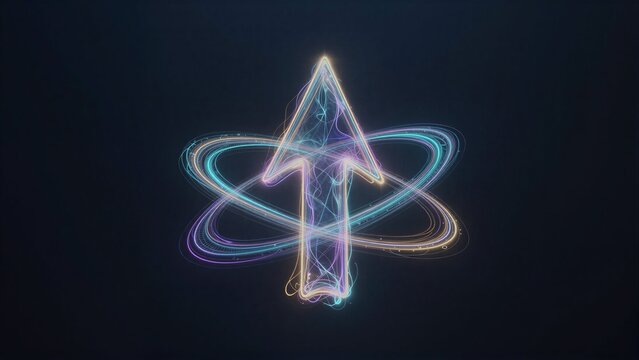 Glowing arrow with atomic rings, vibrant light trails against dark background.