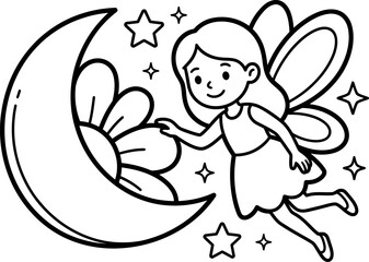 Fototapeta premium Cute little fairy flying near a crescent moon and flower for children coloring book page line art illustration