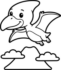 Cute cartoon pterodactyl flying over a volcano black and white line art illustration for kids coloring book page © Jannatul