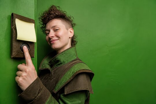 Fantasy cosplay portrait of a costumed character pressing a doorbell on green wall