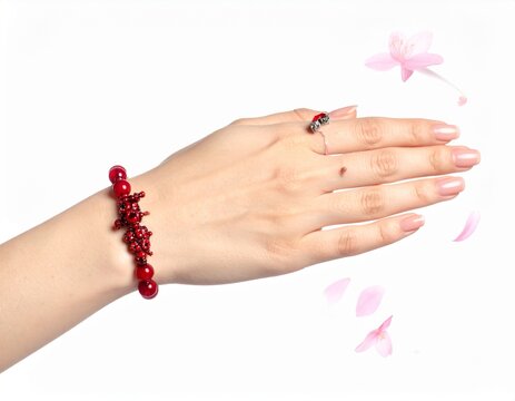 hand with bracelet of scarlet red beads small beads decorations fashion accessory
