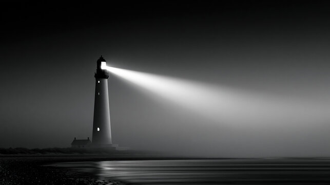 Tall lighthouse shining bright beam over calm ocean during foggy night