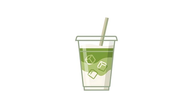 Refreshingly cool iced matcha green tea latte in a clear plastic cup with straw vector illustration for summer beverage menu design