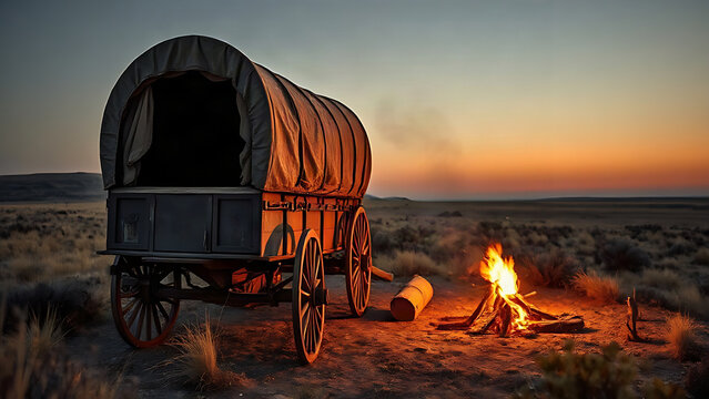 Weathered covered wagon on prairie edge, campfire smoke in golden hour light.