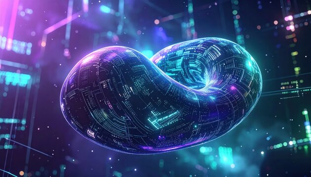 Futuristic digital artwork features a glowing, toroidal object within a network of lines and code