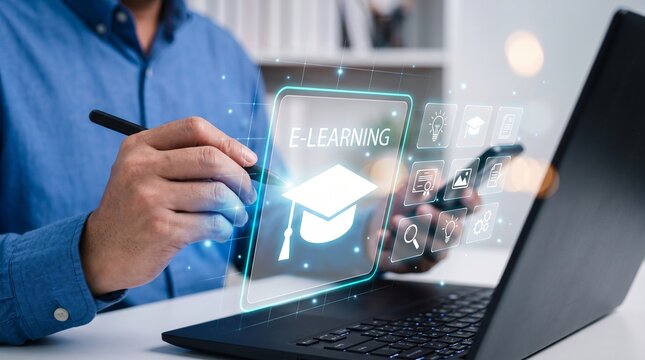 Man interacting with e learning interface on laptop with virtual learning icons stylus near laptop holds stylus technology graduation education