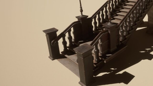 Wooden stairs are shown in a building setting without any people. The stairs connect to the upper floor and have railings along the sides. The scene has warm lighting.