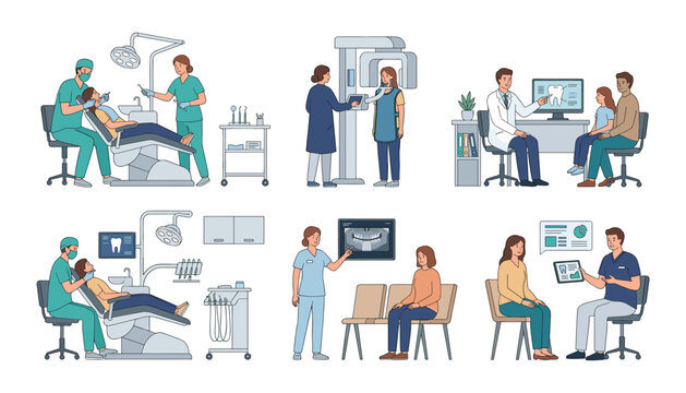 Dental Clinic Medical Treatment and Consultation Scene Set with Dentists Examining Patients Teeth and X-ray Analysis Flat Vector Illustration