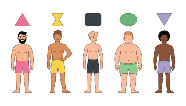 Diverse men body shapes type infographic set with geometric icons representing triangle hourglass rectangle oval and inverted triangle figures vector flat illustration