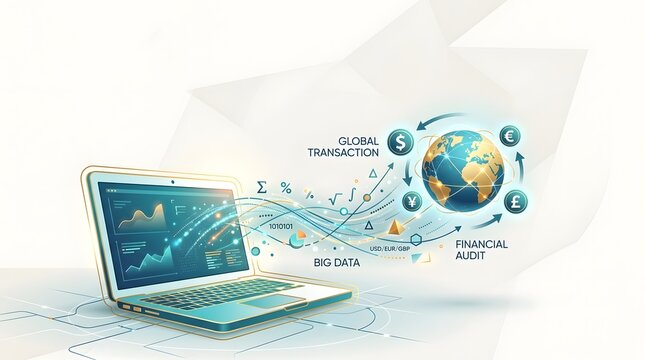 Laptop computer displaying digital data flow for global financial transactions and business analytics.