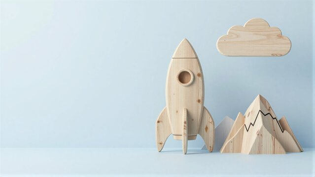 Wooden rocket, cloud, and mountains on soft blue background.