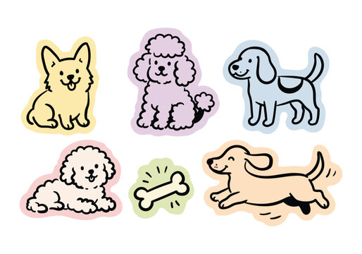 Cute colorful dog sticker set, featuring various puppy breeds like poodles and a dachshund.