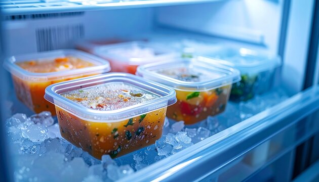 Frozen edamame beans in a transparent freezer bag with frosty ice coating