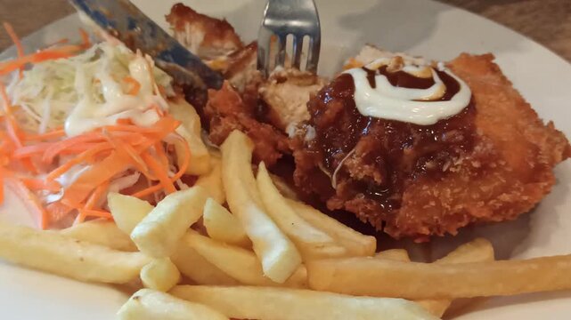 A delicious serving of chicken cordon bleu accompanied by crispy French fries, offering a classic combination of tender chicken, melted cheese, savory filling, and golden fried potatoes in an appetizi