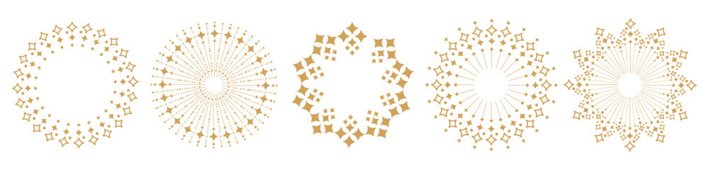Naklejka premium A set of five luxury golden starburst frames and radial sparkle mandala ornaments isolated on a white background for festive holiday cards, invitations, and elegant branding.
