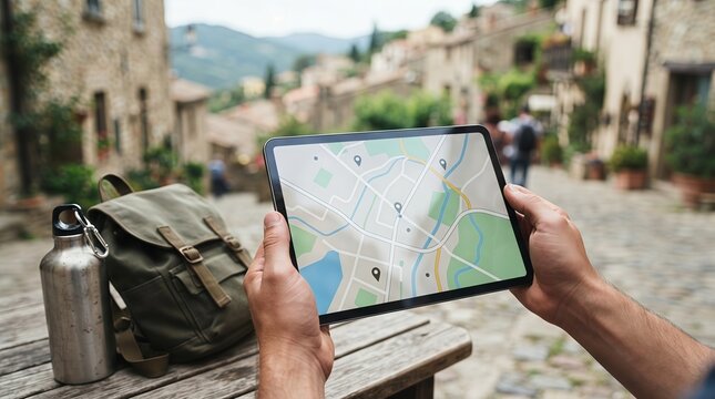 First-person view of hands holding a tablet displaying a generic digital travel map outdoors.