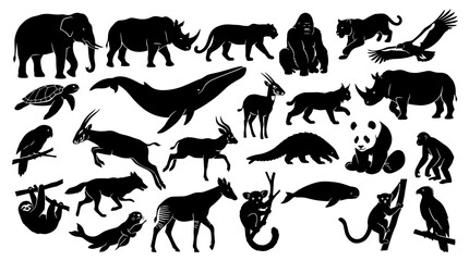 Fototapeta premium Diverse collection of wild animal silhouettes in black vector