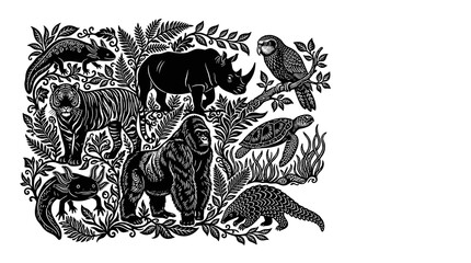Fototapeta premium Wildlife animals and tropical foliage in black and white linocut