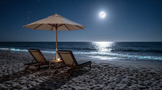 Full moon shines over beach chairs and umbrella under starry night sky.