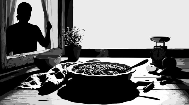 Inverted high contrast kitchen scene with person preparing food
