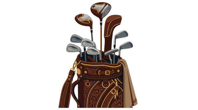 Ornate vintage leather golf bag with various clubs vector