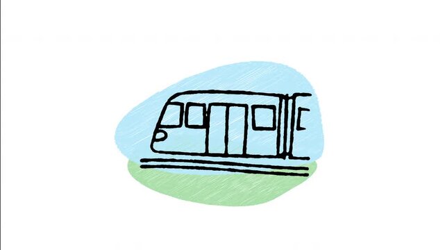 An animated hand-drawn modern sky train monorail running on elevated tracks. Perfect for urban rapid transit, mass public transportation, city railway travel, and clean transit. 