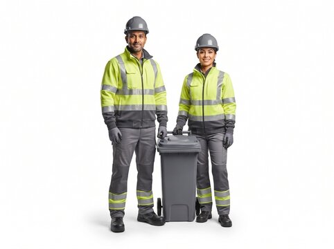 Two Professional Sanitation Workers on White