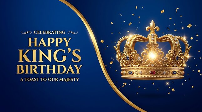 Royal King's Birthday celebration card, golden crown on elegant blue background, majestic birthday greeting with gold confetti