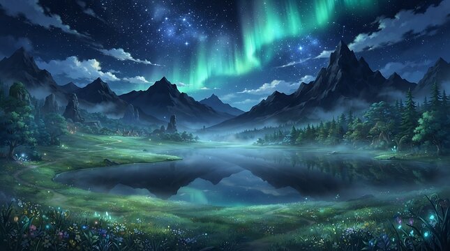 Breathtaking landscape featuring a vibrant aurora borealis over a serene mountain lake at night.
