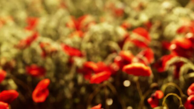 Poppies bloom in a large field under sunlight. The flowers sway in the breeze, creating a lively scene filled with color and nature. People walk nearby enjoying the view.