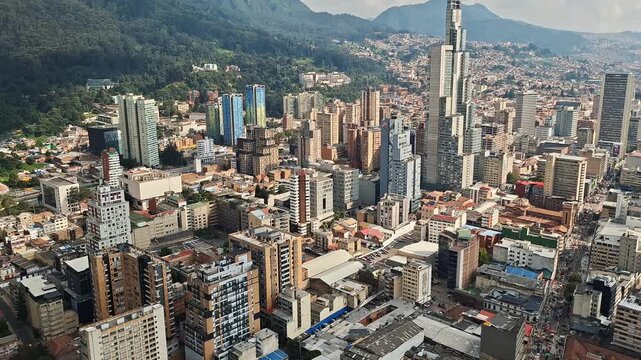 4K skyline of downtown Bogota with BD Bacata tower and Eastern Hills, Colombia