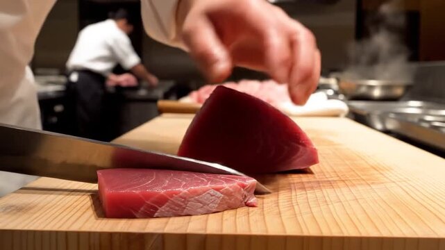 Sushi chef slicing fresh raw tuna fillet on wooden cutting board