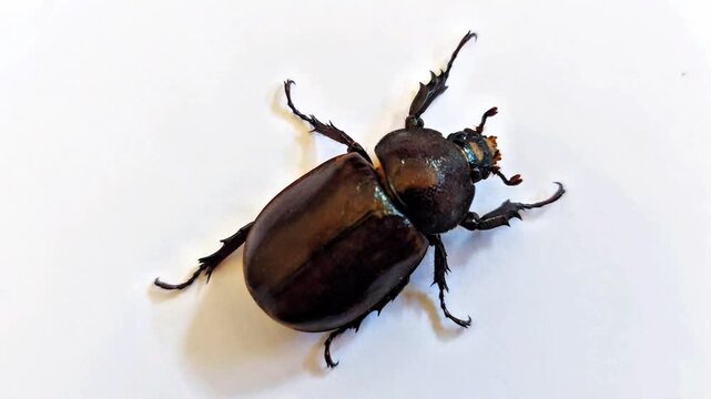 Female horned beetle (Oryctes rhinoceros) trying to turn over on an isolated white background
