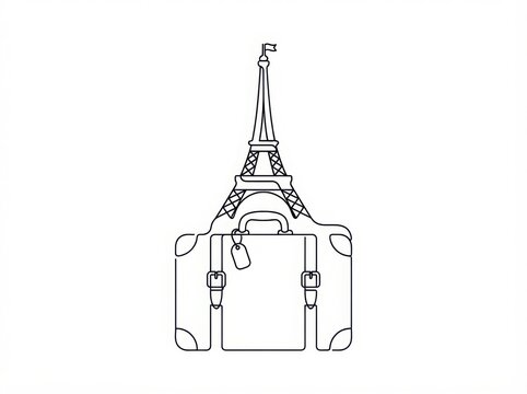 Eiffel tower travel luggage suitcase line art icon illustration with suitcase landmark vacation adventure
