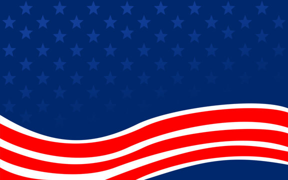 Patriotic blue background white star pattern red white wavy stripe graphic design. Ideal for independence day celebrations, patriotic events, or political campaigns.