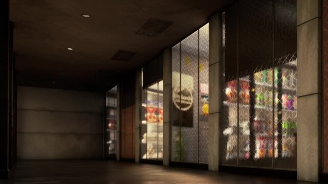 The scene shows the entrance of a grocery store at night. The lights inside shine bright. Products are arranged on shelves, visible through the glass doors.