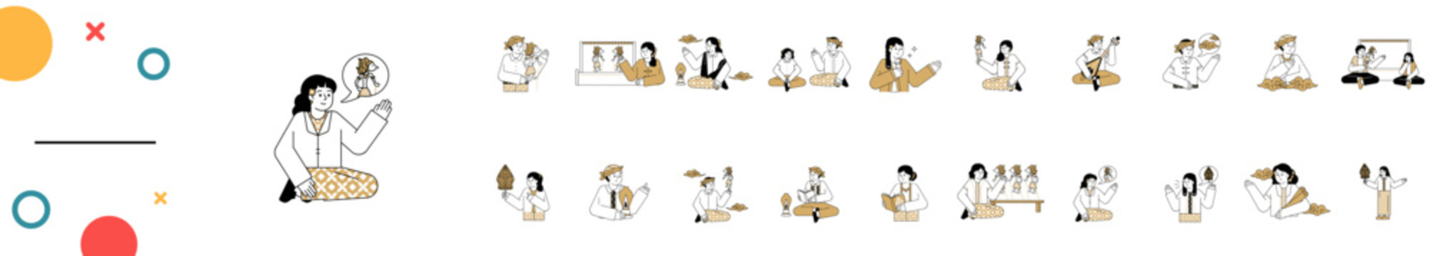 A collection of vector illustrations depicting traditional Southeast Asian shadow puppetry and oral storytelling practices featuring various characters and musical instruments