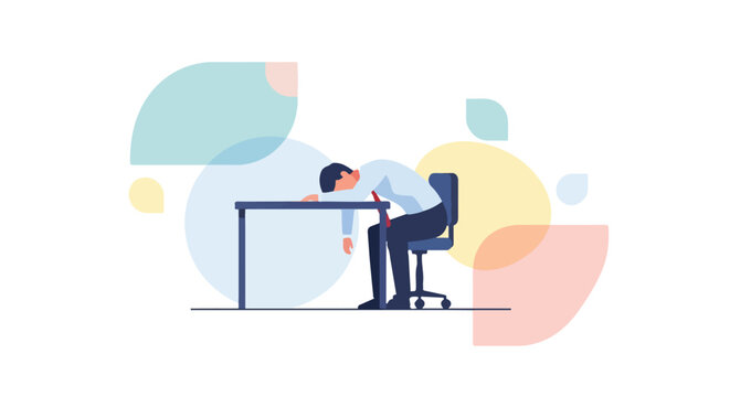 A vector illustration of a tired businessman slumping over his office desk, depicting work burnout and extreme fatigue.