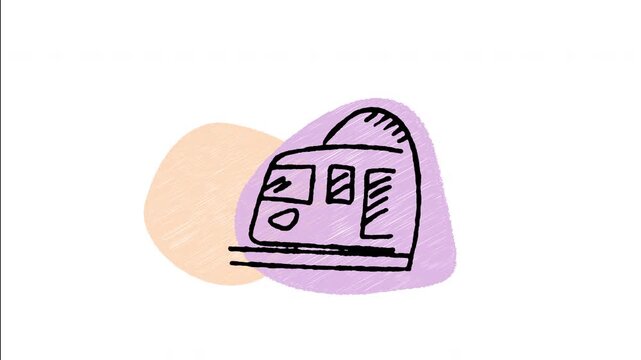 An animated hand-drawn underground subway train exiting a tunnel. Ideal for public mass transit, city metro railway systems, daily urban commute, and passenger transit. 