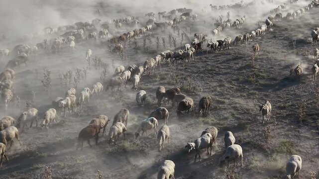 Aerial view of a large flock of sheep walking across a dry, dusty field in Adabag, Konya, Turkiye.